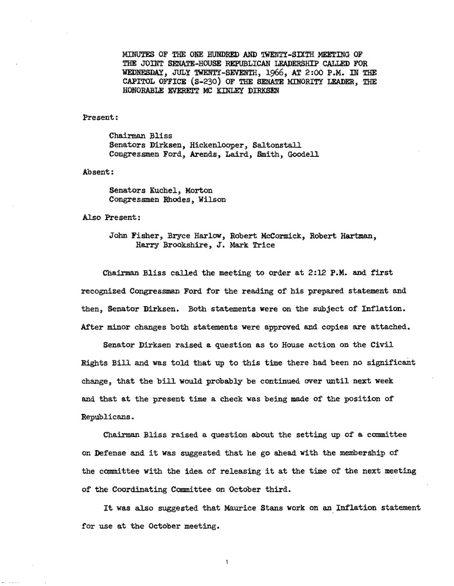 The meeting minutes outline the Republican leadership's discussions related to inflation and the pending Civil Rights Bill.