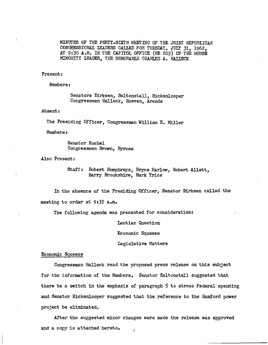 The meeting minutes outline Republican leadership's discussions about Laos and pending legislation for public works.
