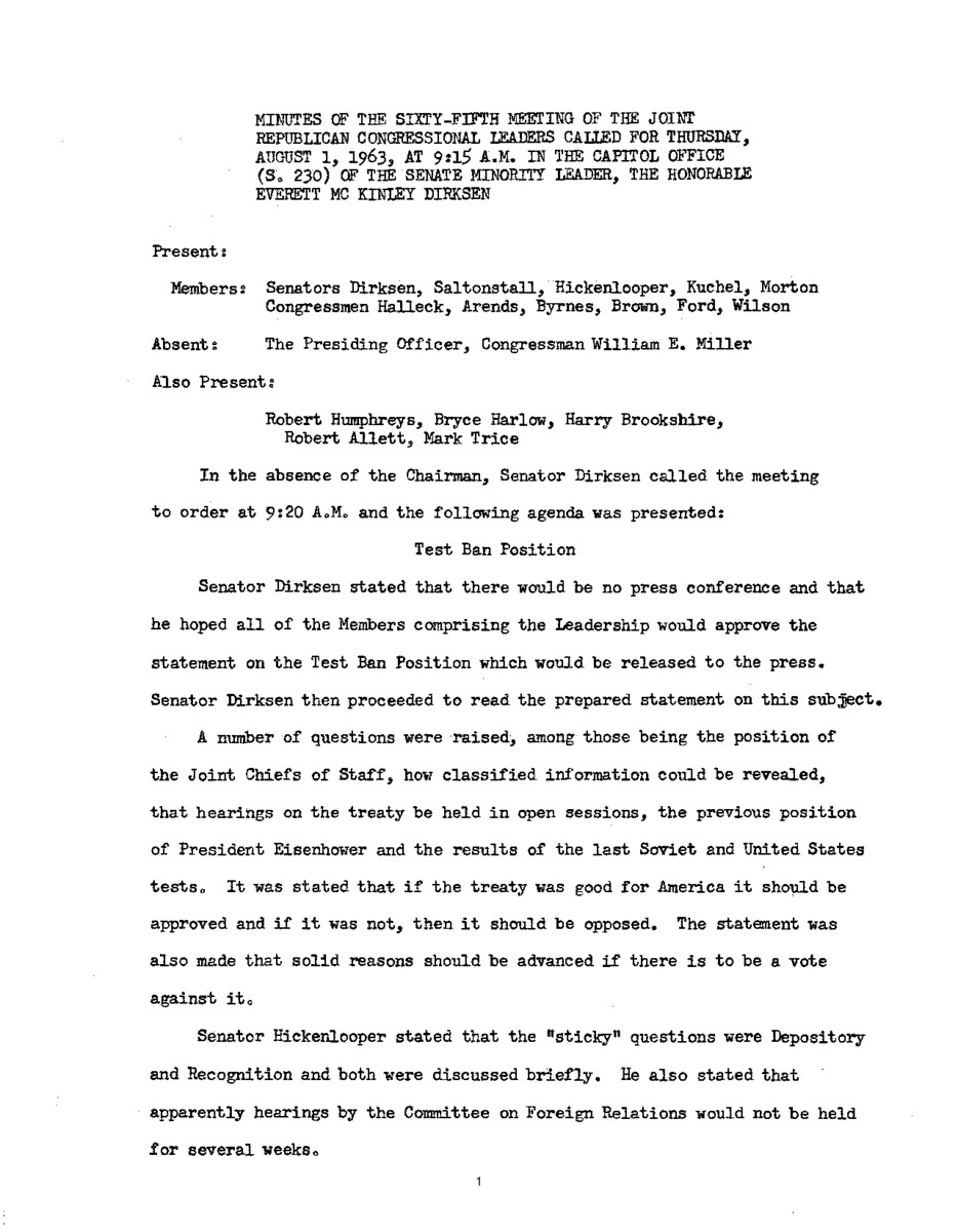 The meeting minutes outline the Republican leadership's discussions about nuclear testing bans and pending Civil Rights legislation.