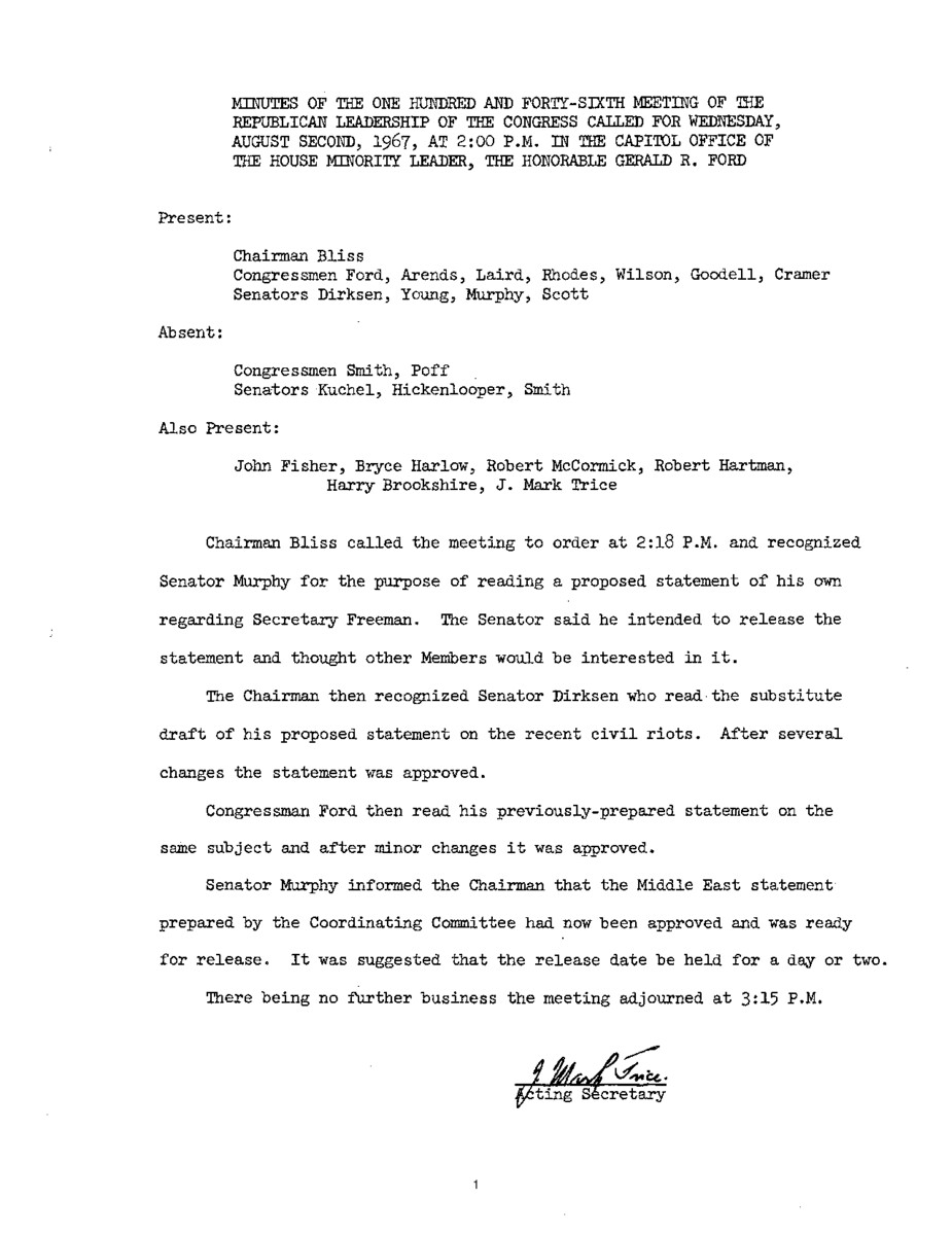 The meeting minutes reference Republican leadership's discussions about Secretary of Agriculture Orville Freeman, civil unrest across the country, and a statement on the Middle East.
