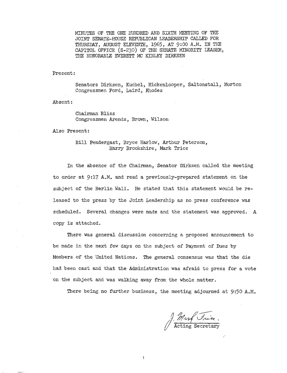 The meeting minutes outline discussions by the Republican leadership regarding the Berlin Wall and the United Nations.