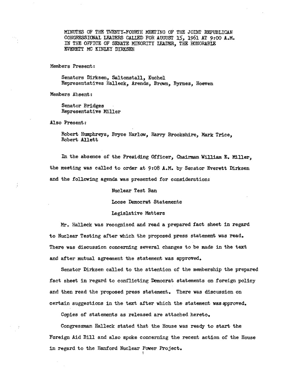 The meeting minutes detail Republican leadership discussions about nuclear testing bans, the Hanford Nuclear Power Project, and foreign policy.