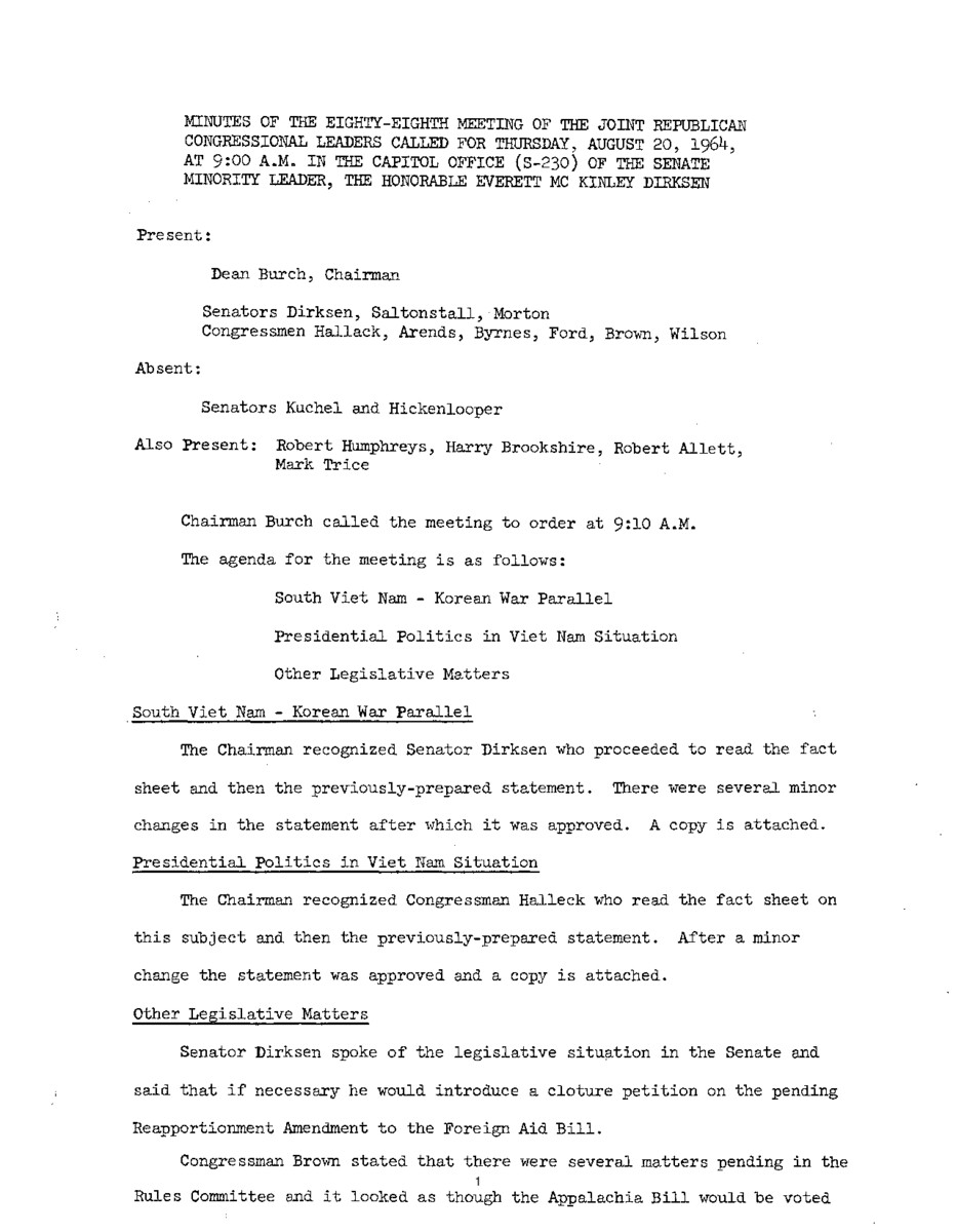 The meeting minutes outline the Republican leadership's discussions about Vietnam and pending legislation.