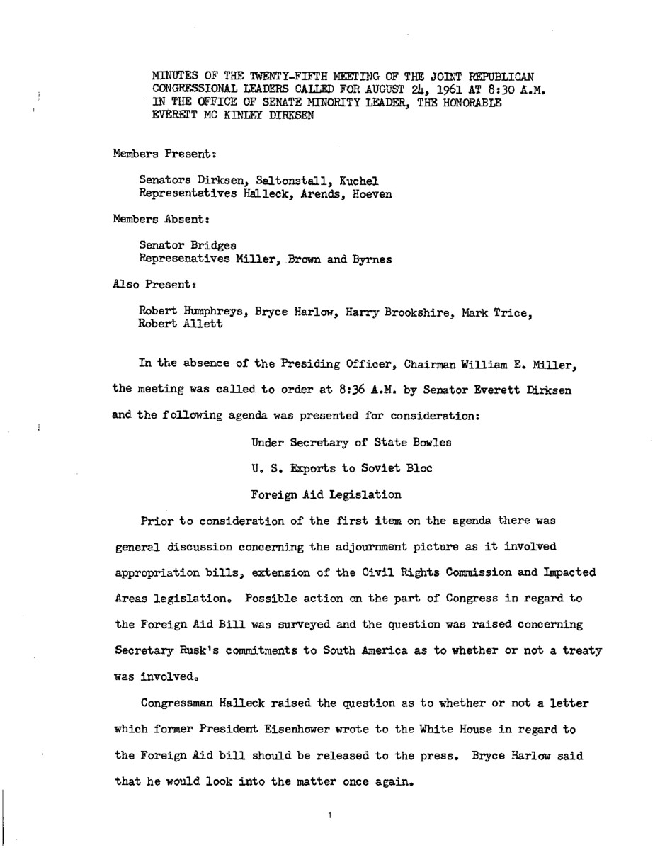 The meeting minutes detail Republican leadership's discussions surrounding the Berlin Crisis of 1961 and foreign aid and education aid legislation.