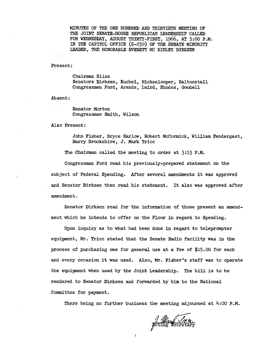 The meeting minutes outline the Republican leadership's discussions about federal spending.
