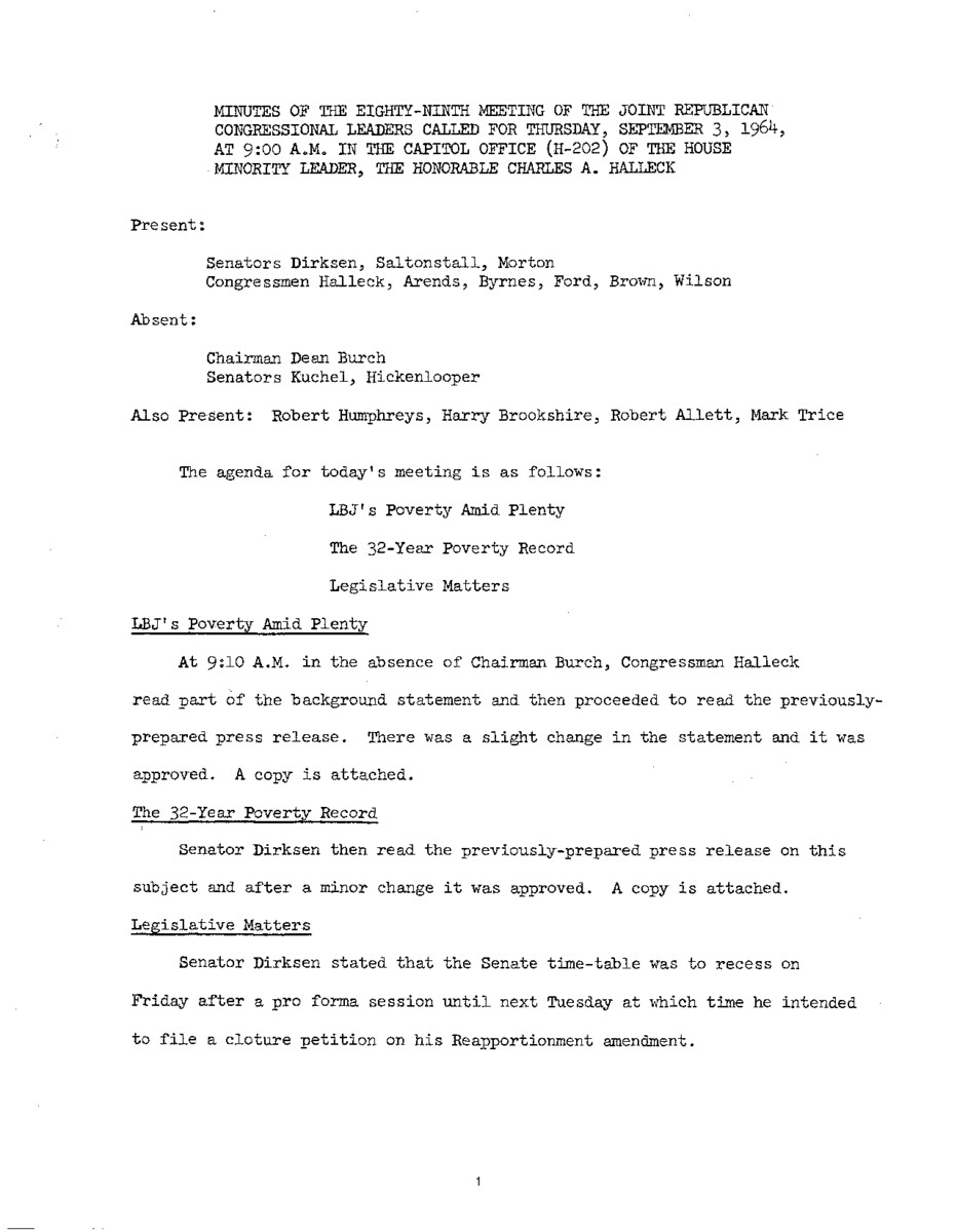 The meeting minutes outline discussions by the Republican leadership regarding poverty, the economy, and Social Security.