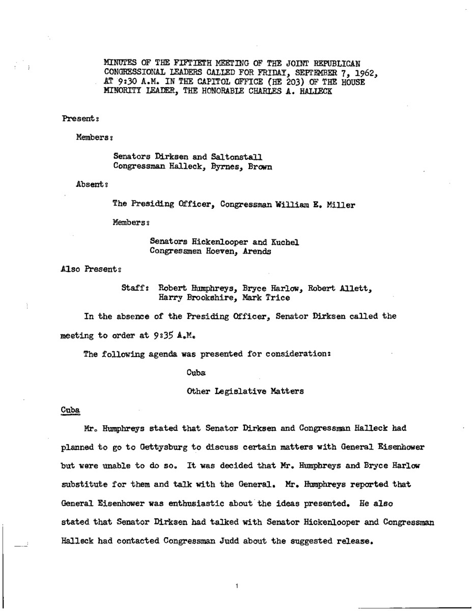The meeting minutes focus on Republican leadership's discussions about Cuba.