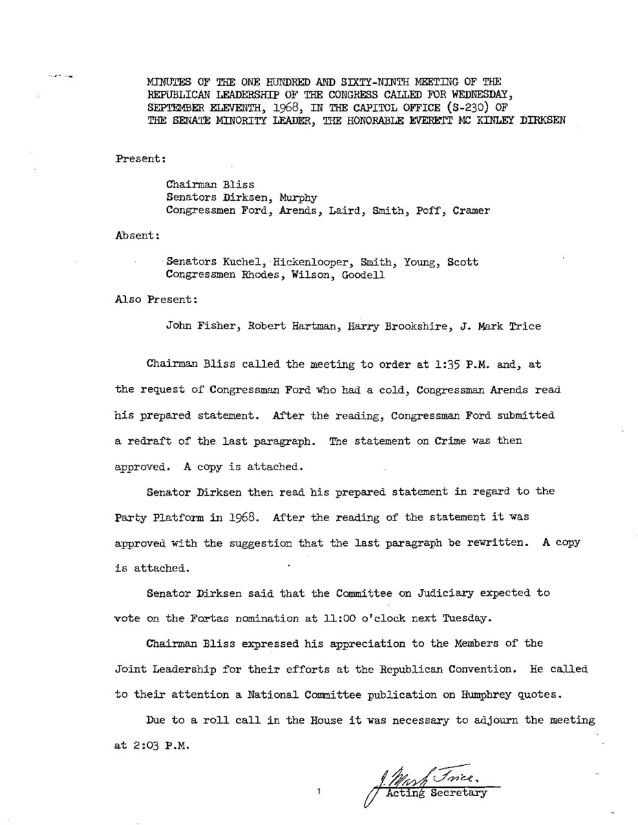 The meeting minutes outline the Republican leadership's discussions about a prepared statement on crime and planning for the Republican Party platform.