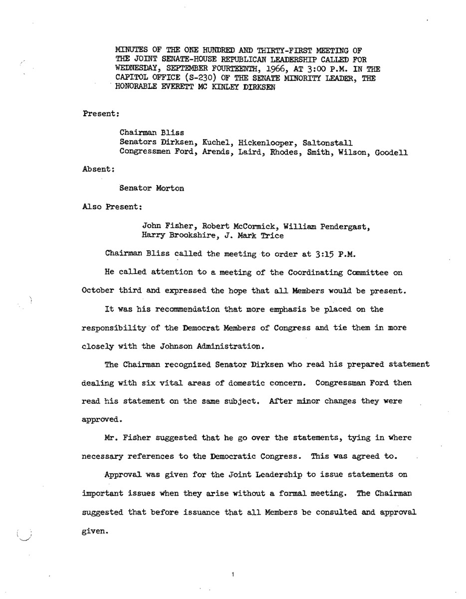The meeting minutes outline the Republican leadership's discussions about domestic issues and the pending Civil Rights Bill.