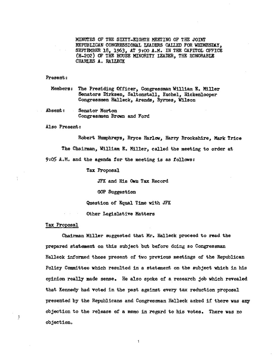 The meeting minutes outline the Republican leadership's discussion regarding pending taxation legislation.