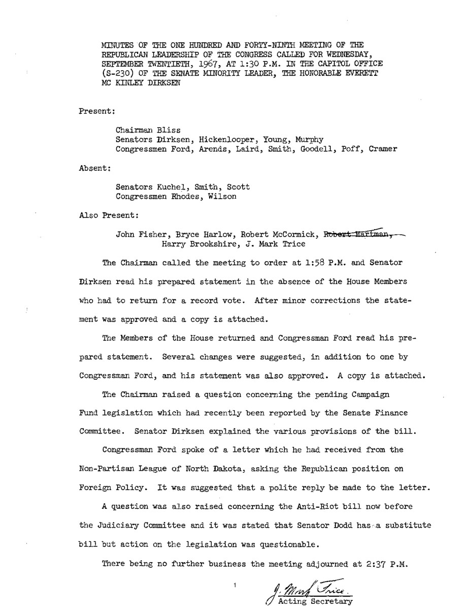 The meeting minutes outline the Republican leadership's discussions about a foreign policy statement, campaign fund legislation, and the Anti-Riot Bill.