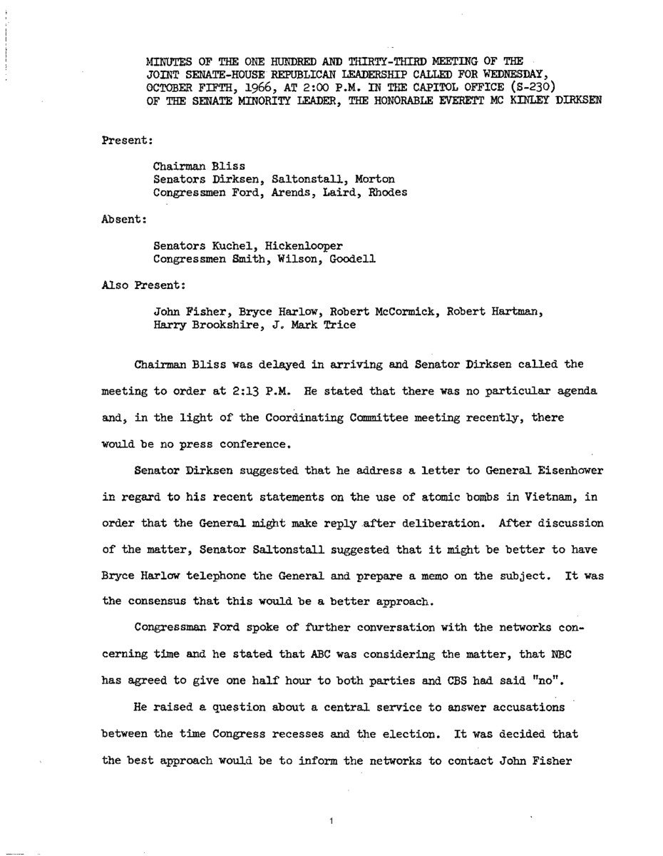 The meeting minutes outline the Republican leadership's discussions about atomic boms and Vietnam and preparations for the recess.