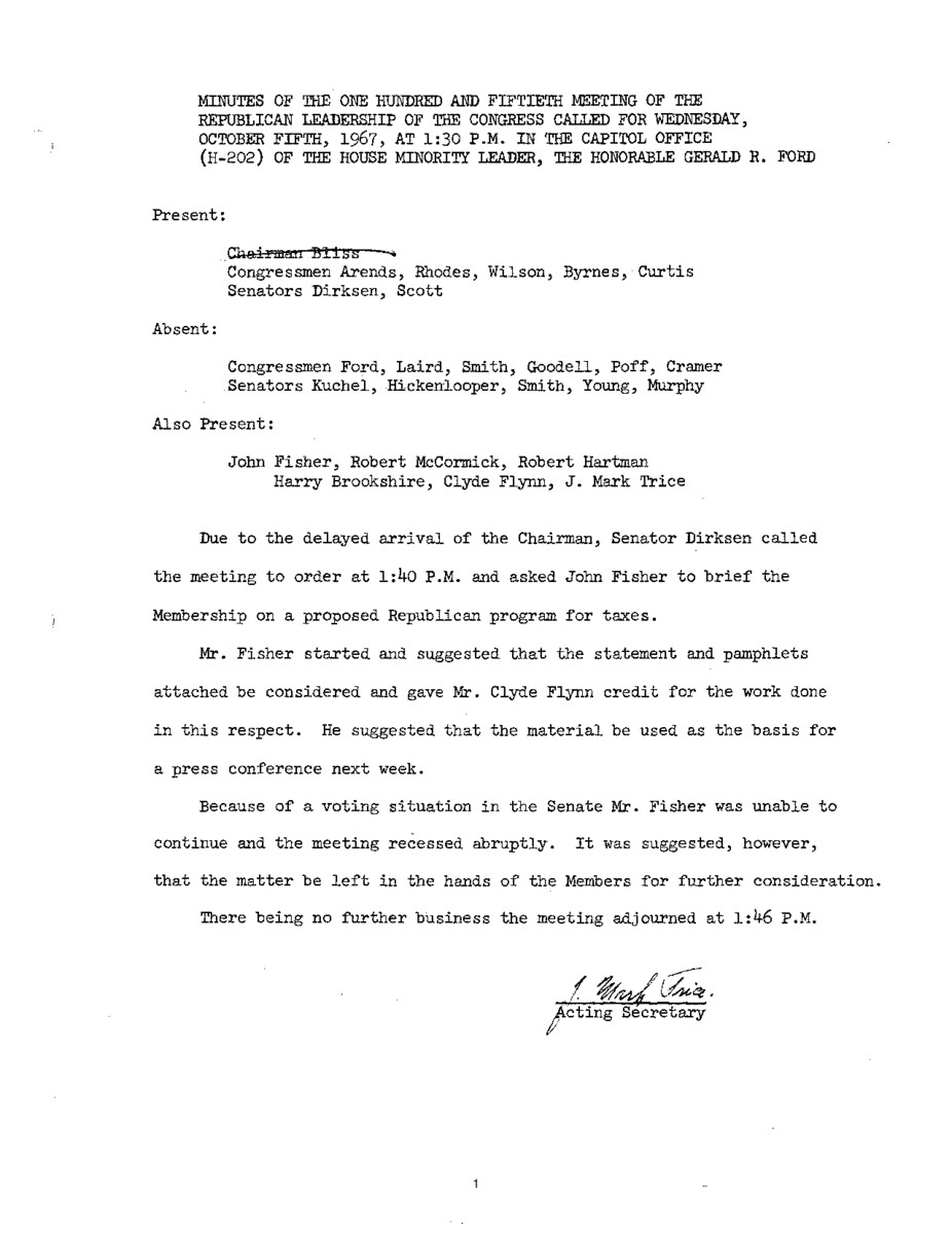 The meeting minutes reference a prepared statement by the Republican leadership on the issue of taxes.
