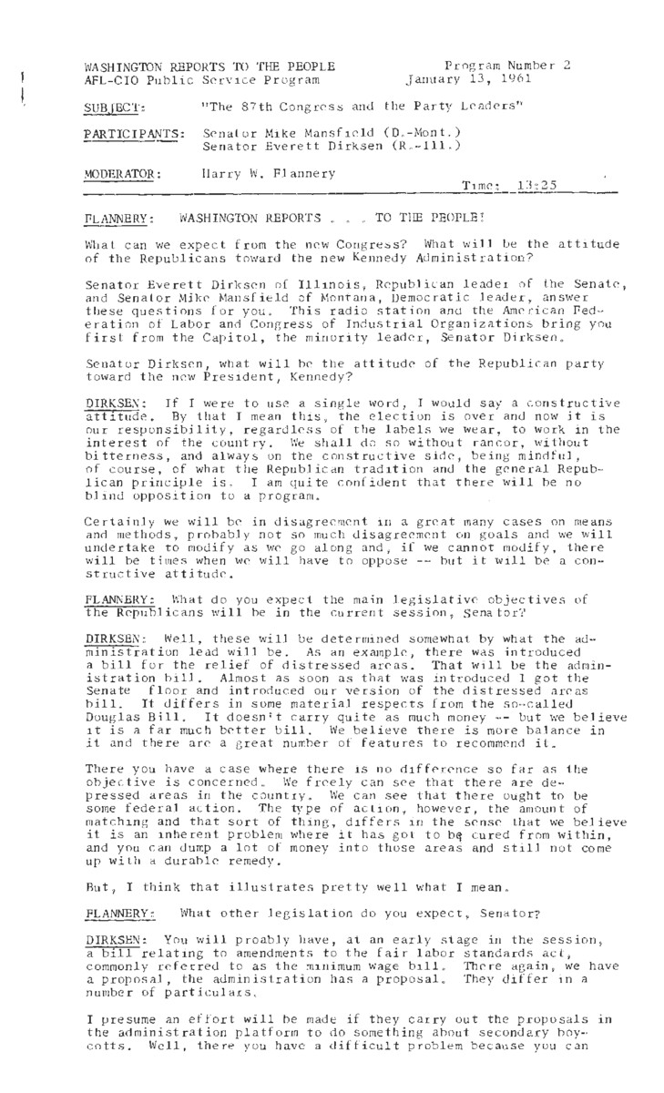 This interview transcript records Everett McKinley Dirksen and Mike Mansfield's appearance on AFL-CIO's Washington Reports to the People. The interview covers the legislative agenda for the 87th Congress.