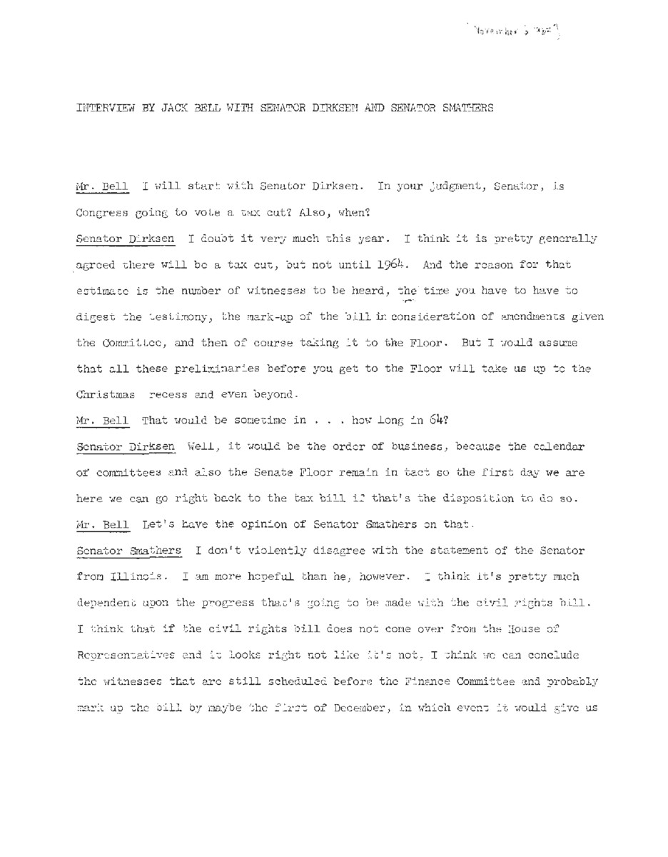 This transcript records an interview of Everett McKinley Dirksen and George Smathers by Jack Bell focused on taxation and government spending.