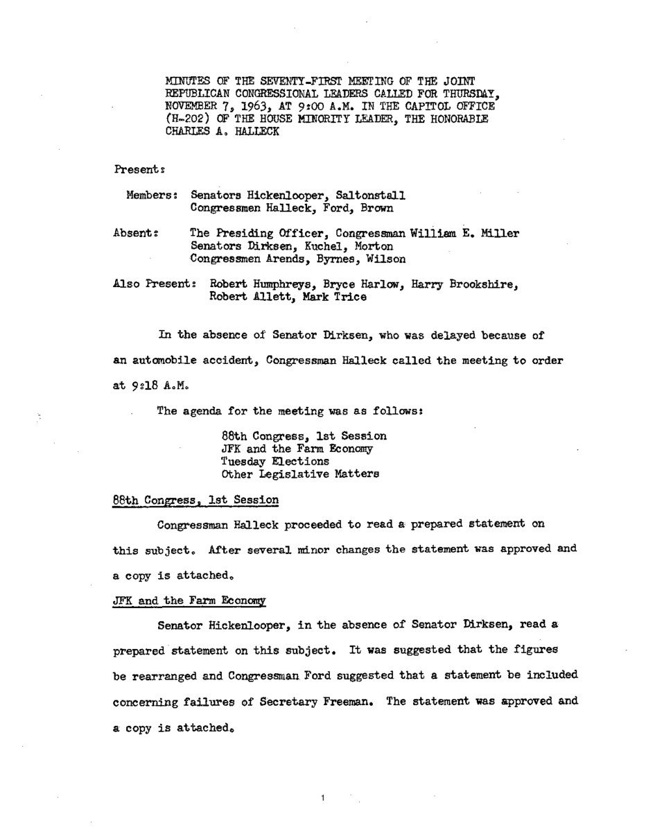 The meeting minutes provide an overview of the Republican leadership's discussions regarding Civil Rights and the state of agriculture.