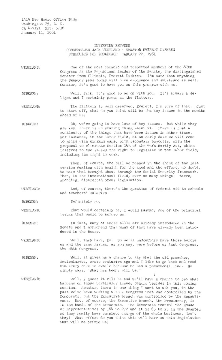 This transcript records a discussion between Everett McKinley Dirksen and Jack Westland regarding the upcoming session of Congress and the legislative agenda.