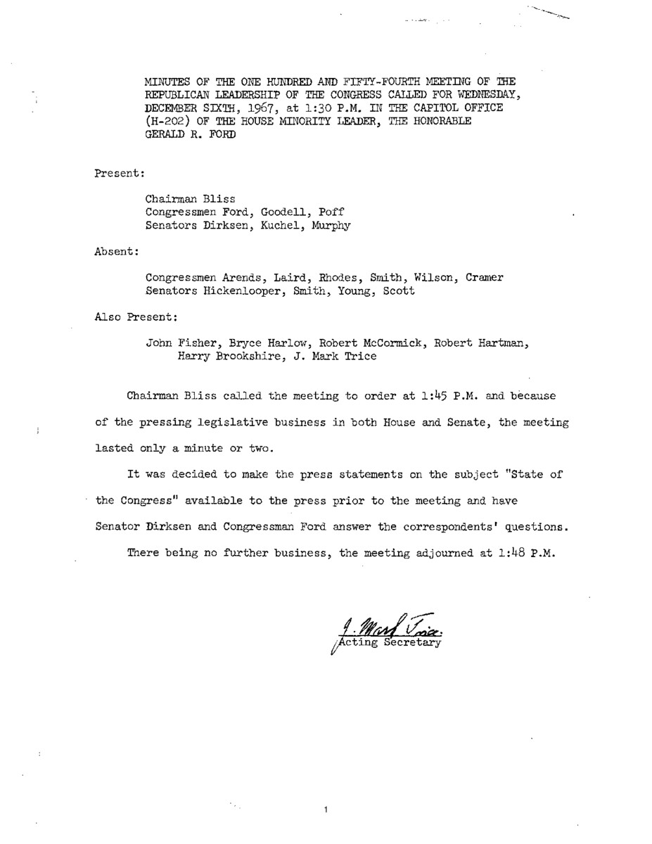 The meeting minutes reference the Republican leadership's prepared statement on "The State of the Congress".