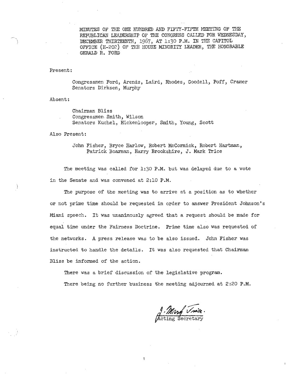 The meeting minutes outline the Republican leadership's discussion about a response to the forthcoming speech by President Lyndon B. Johnson in Miami.