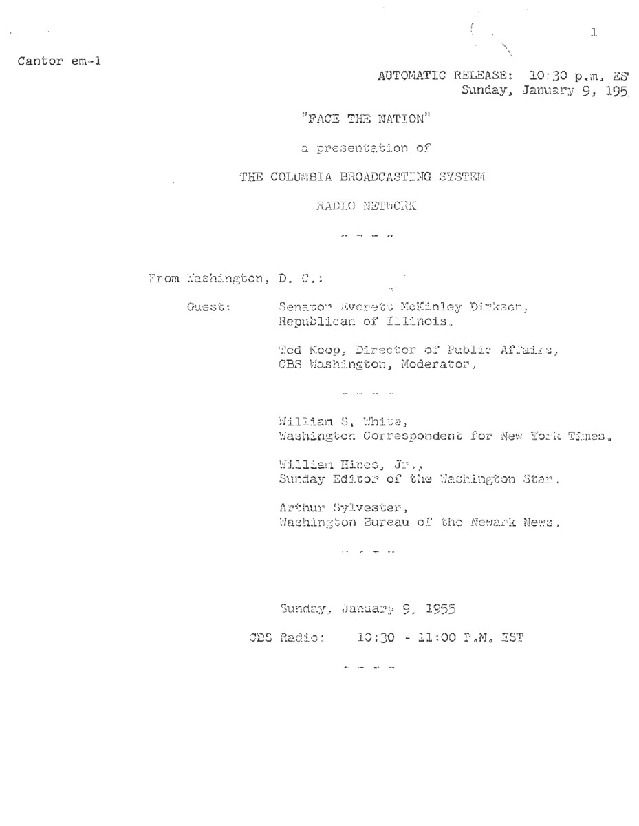This interview transcript records Everett McKinley Dirksen's appearance on CBS's Face the Nation. Dirksen fields questions regarding the Republican Party, the Bricker Amendment, the federal budget, and domestic policy.