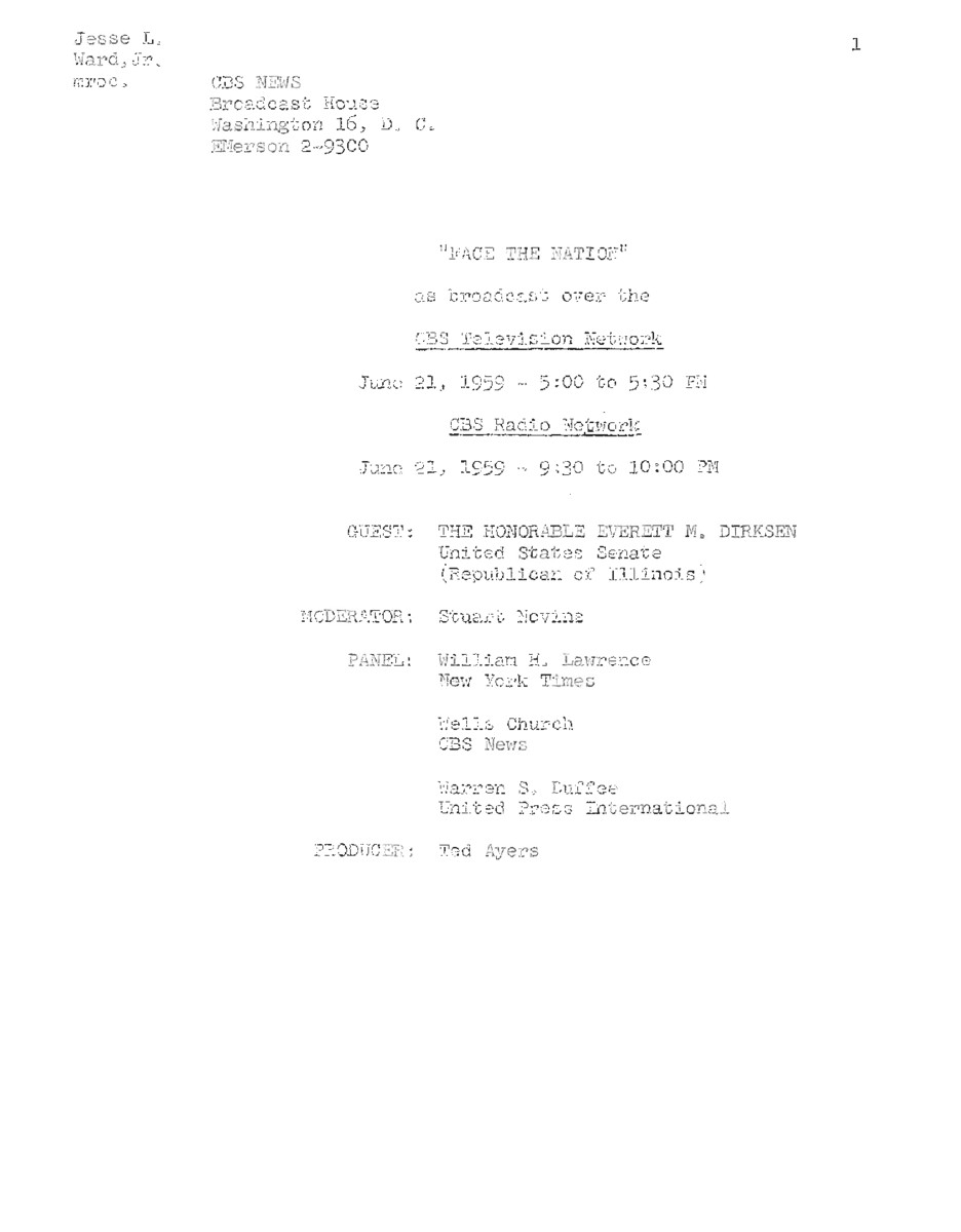 This interview transcript records Everett McKinley Dirksen's appearance on CBS's Face the Nation. Dirksen fields questions regarding the Republican Party, campaign issues, inflation, the federal budget, and Lewis Strauss.