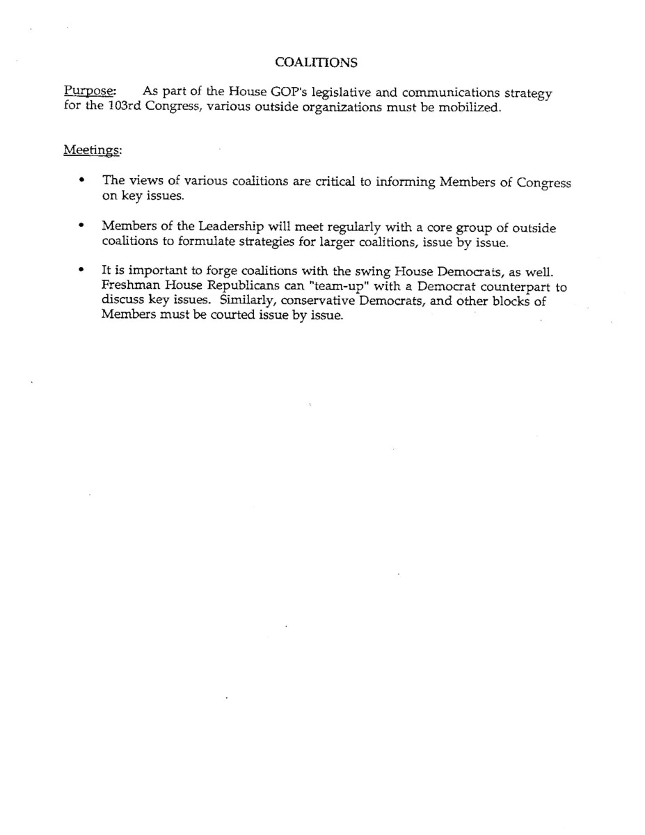 Part of a larger document, titled "A Blueprint for Leadership" that outlined for House Republicans House Republicans plans for the formulation, communication, and implementation of policy, for the 103rd Congress, the first since 1981 without a Republican-held White House.