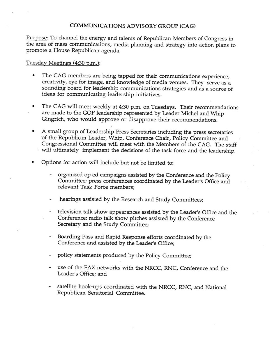 Part of a larger document, titled "A Blueprint for Leadership" that outlined for House Republicans House Republicans plans for the formulation, communication, and implementation of policy, for the 103rd Congress, the first since 1981 without a Republican-held White House.