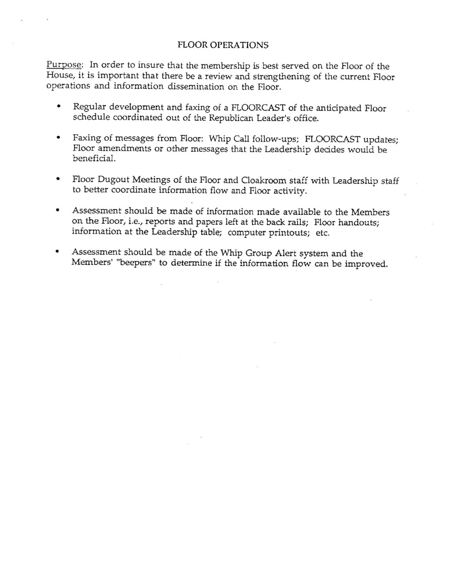 Part of a larger document, titled "A Blueprint for Leadership" that outlined for House Republicans House Republicans plans for the formulation, communication, and implementation of policy, for the 103rd Congress, the first since 1981 without a Republican-held White House.