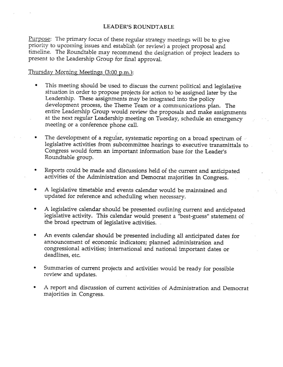 Part of a larger document, titled "A Blueprint for Leadership" that outlined for House Republicans House Republicans plans for the formulation, communication, and implementation of policy, for the 103rd Congress, the first since 1981 without a Republican-held White House.