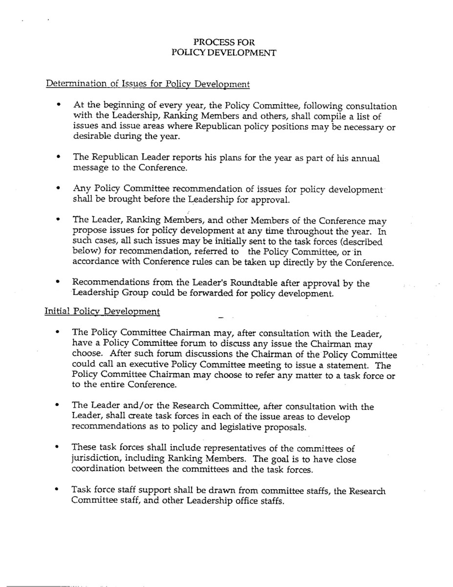 Part of a larger document, titled "A Blueprint for Leadership" that outlined for House Republicans House Republicans plans for the formulation, communication, and implementation of policy, for the 103rd Congress, the first since 1981 without a Republican-held White House.