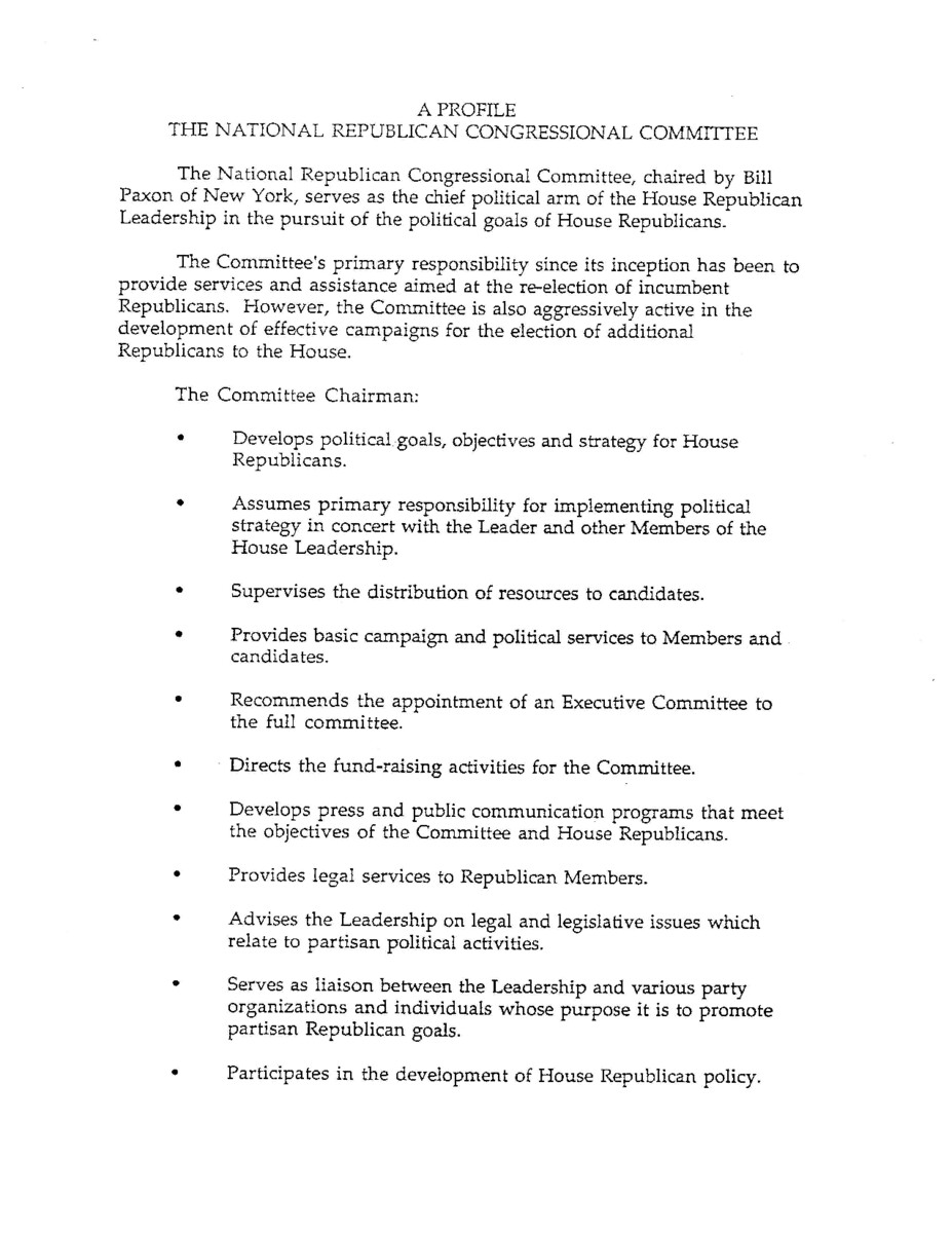 Part of a larger document, titled "A Blueprint for Leadership" that outlined for House Republicans House Republicans plans for the formulation, communication, and implementation of policy, for the 103rd Congress, the first since 1981 without a Republican-held White House.