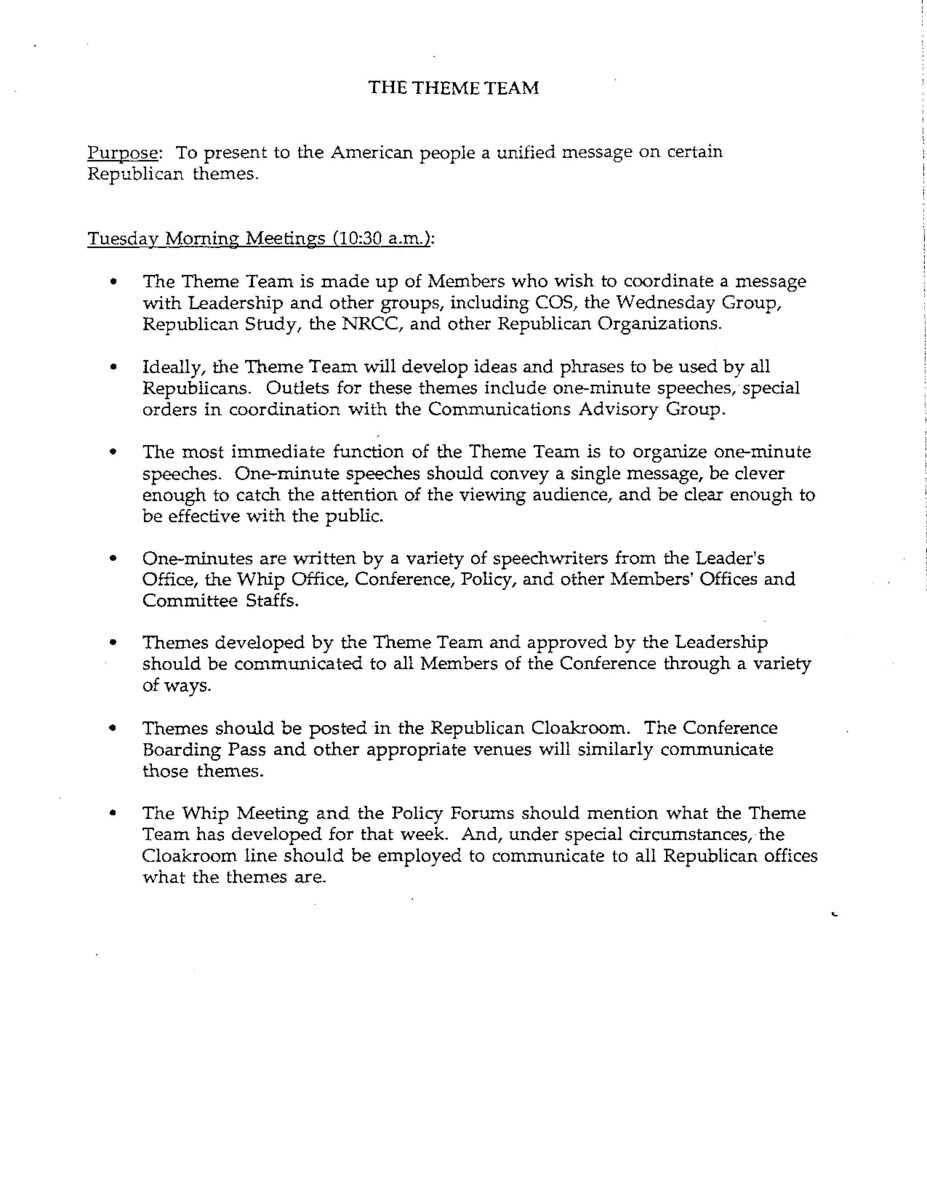 Part of a larger document, titled "A Blueprint for Leadership" that outlined for House Republicans House Republicans plans for the formulation, communication, and implementation of policy, for the 103rd Congress, the first since 1981 without a Republican-held White House.