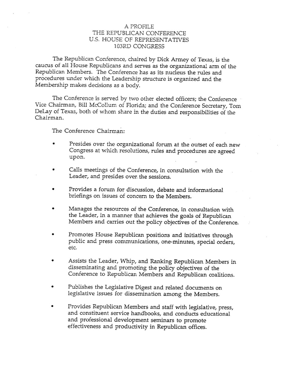 Part of a larger document, titled "A Blueprint for Leadership" that outlined for House Republicans House Republicans plans for the formulation, communication, and implementation of policy, for the 103rd Congress, the first since 1981 without a Republican-held White House.