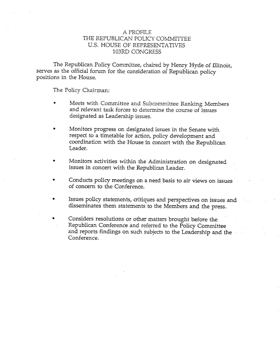 Part of a larger document, titled "A Blueprint for Leadership" that outlined for House Republicans House Republicans plans for the formulation, communication, and implementation of policy, for the 103rd Congress, the first since 1981 without a Republican-held White House.