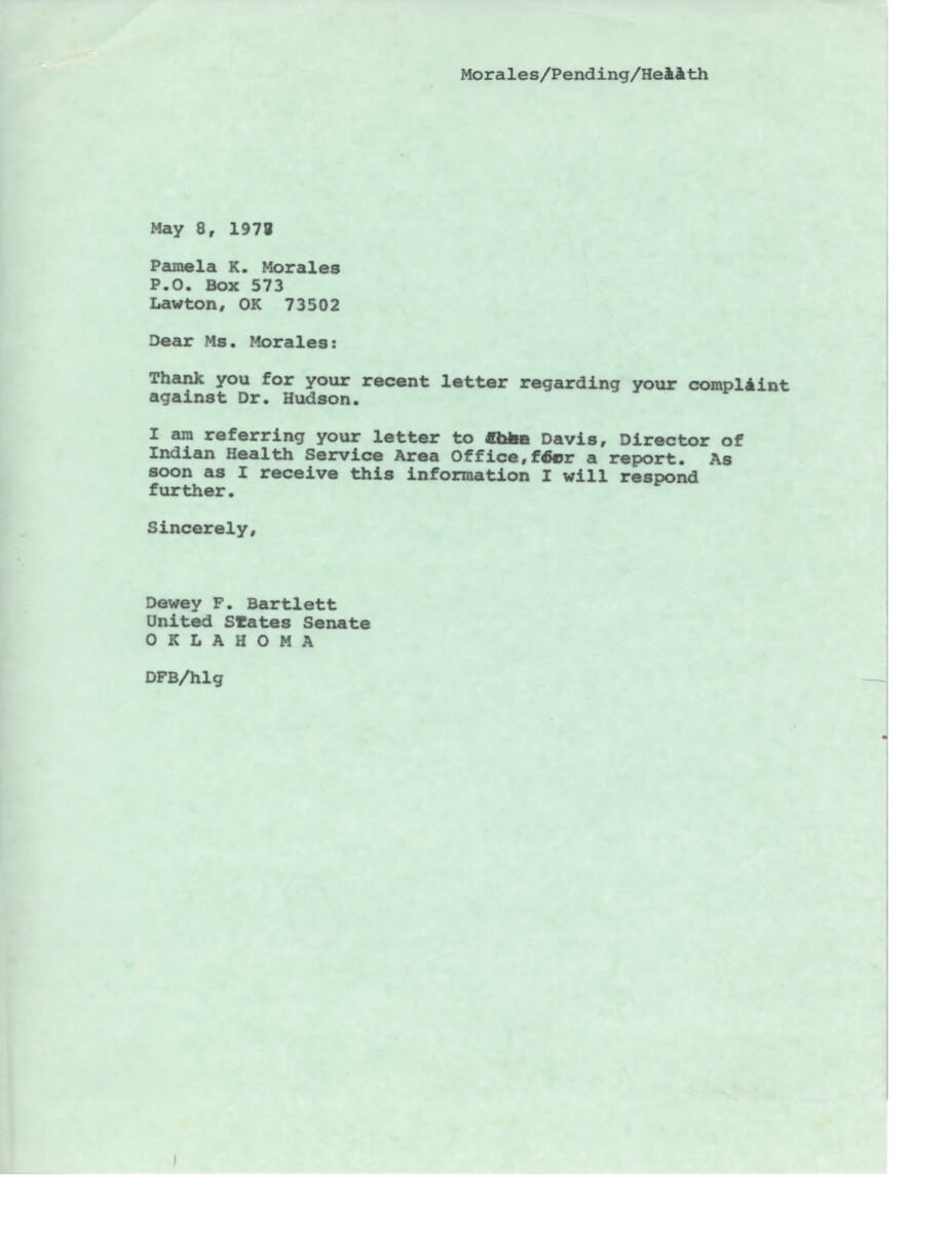 Pamela K. Morales sent a complaint to the United States Senate regarding discrimination her non-Indian husband faced at the Indian Health Service Hospital. The hospital did not provide treatment to her husband, citing his non-Indian status. Morales also raised concerns about other issues at the hospital, such as tardiness of government employees, inadequate nursing staff, and delays in dental appointments. She called for reorganization and reprimands within the hospital staff.