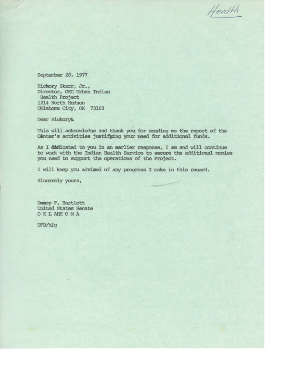The director of the OKC Urban Indian Health Project is requesting additional funding of $40,000 from the Indian Health Service to meet financial needs for the year. They had set goals and drafted a budget to stabilize the program financially and generate their own income. However, delays in generating income from third-party reimbursements and grants led to a financial shortfall. The director outlines their efforts to secure funding from various sources but acknowledges that some plans were beyond their control. Ultimately, they are requesting assistance from Senator Dewey F. Bartlett to secure the additional funds needed.