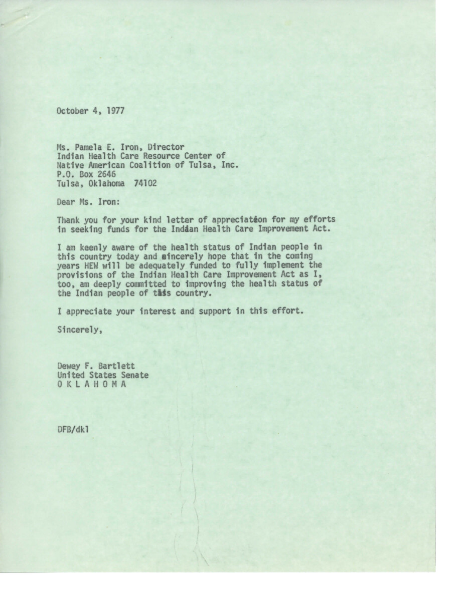 Ms. Pamela E. Iron, Director of the Indian Health Care Resource Center in Tulsa, expressed appreciation to Senator Dewey F. Bartlett for his efforts in seeking funding for the Indian Health Care Improvement Act. The center is working towards improving the health status of American Indians, especially in urban areas where accessibility to healthcare facilities is limited. They are establishing an urban medical clinic and have submitted a budget to the Indian Health Service for funding. The budget includes costs for labor, materials, supplies, equipment, travel, consultants, and operational expenses, totaling $274,040.00. Senator Bartlett expressed commitment to improving the health status of Indian people and thanked Ms. Iron for her support.