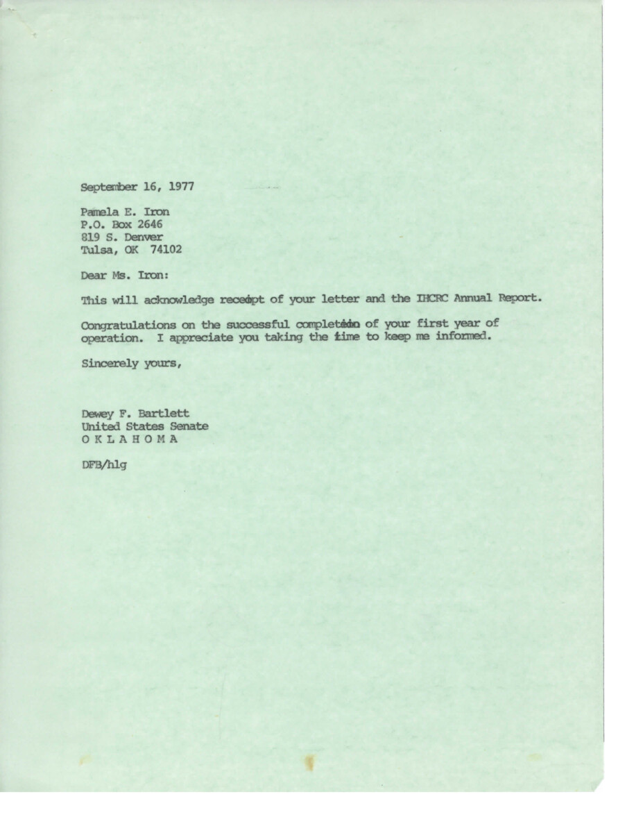 The letter acknowledges receipt of the Indian Health Care Resource Center's Annual Report and congratulates them on completing their first year of operation. The center's purpose is to identify and address health problems and needs of American Indians in Tulsa. The letter is signed by Dewey F. Bartlett, a United States Senator from Oklahoma.