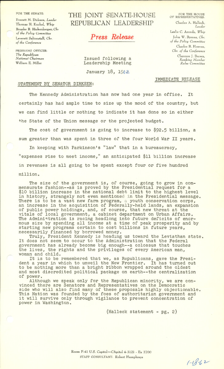 The official statement and press conference covers topics including federal spending, New Frontier proposals, the Bay of Pigs, Laos policy, the Berlin Crisis of 1961, United Nations funding, the National Defense Education Act, and legislation creating the Department of Housing and Urban Development