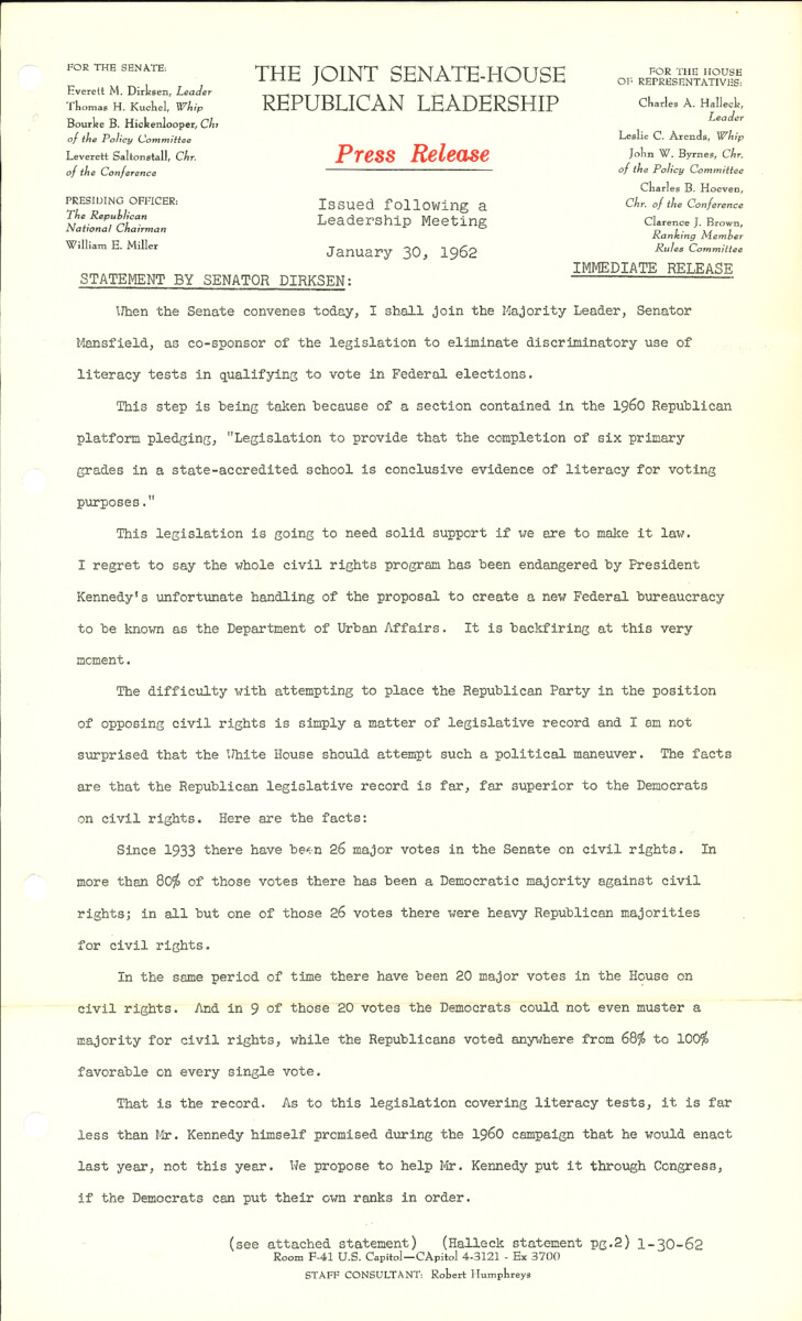 The official statement and press conference covers topics including voting rights legislation, the Republican Party record on civil rights, legislation creating the Department of Housing and Urban Development, the Civil Rights Act of 1957, and the Republican response to President Kennedy's 1962 State of the Union message