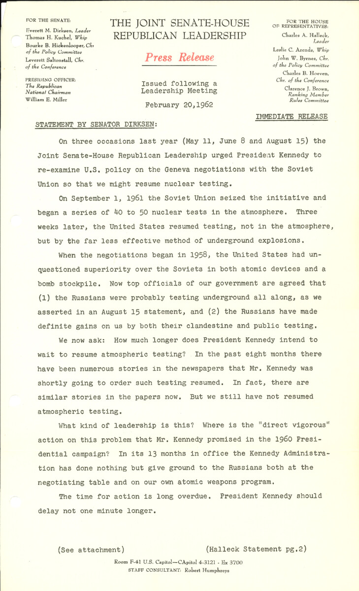 The official statement and press conference covers topics including nuclear test ban treaty negotiations with the Soviet Union, John Glenn's Friendship 7 Mercury capsule flight, and legislation creating the Department of Housing and Urban Development