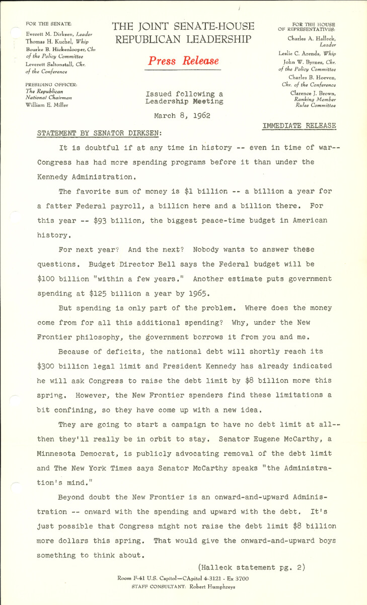 The official statement and press conference covers topics including federal spending, the national debt limit, Latin American expropriation of American company property, Alliance for Progress legislation, New Frontier legislation, the 1962 tax bill