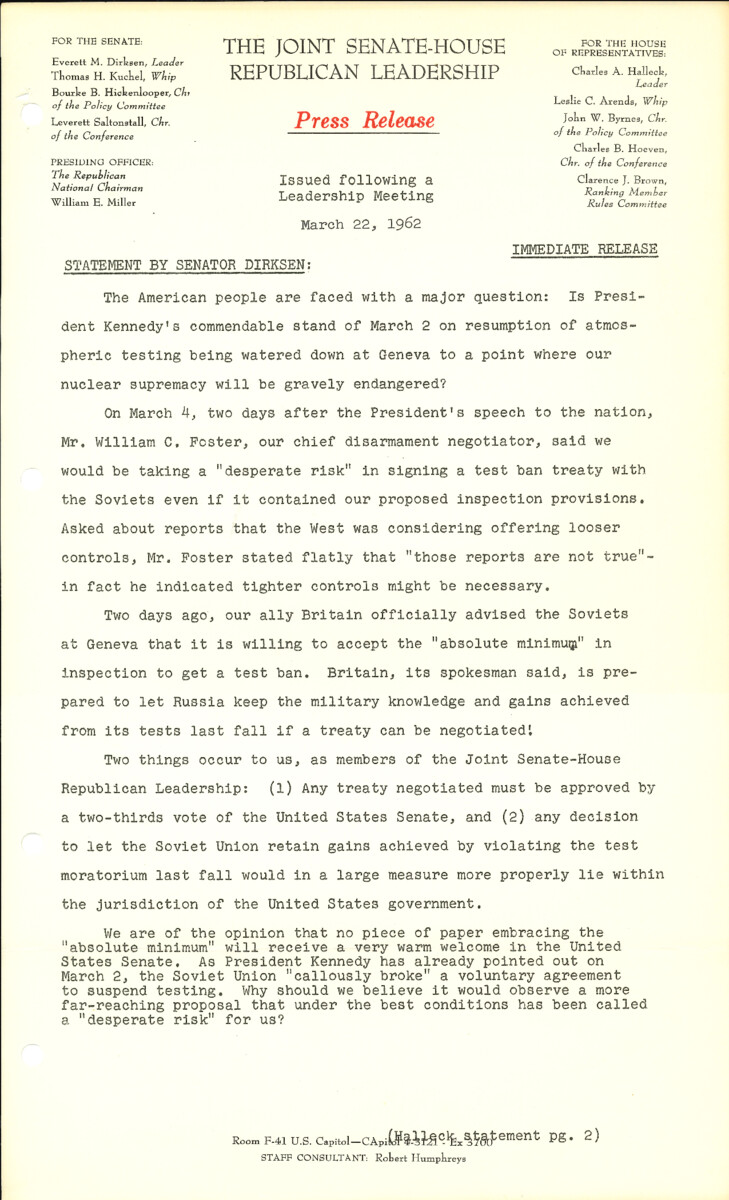 The official statement and press conference covers topics including nuclear test ban treaty negotiations with the Soviet Union, legislation on poll taxes and literacy tests, the 1962 tax bill