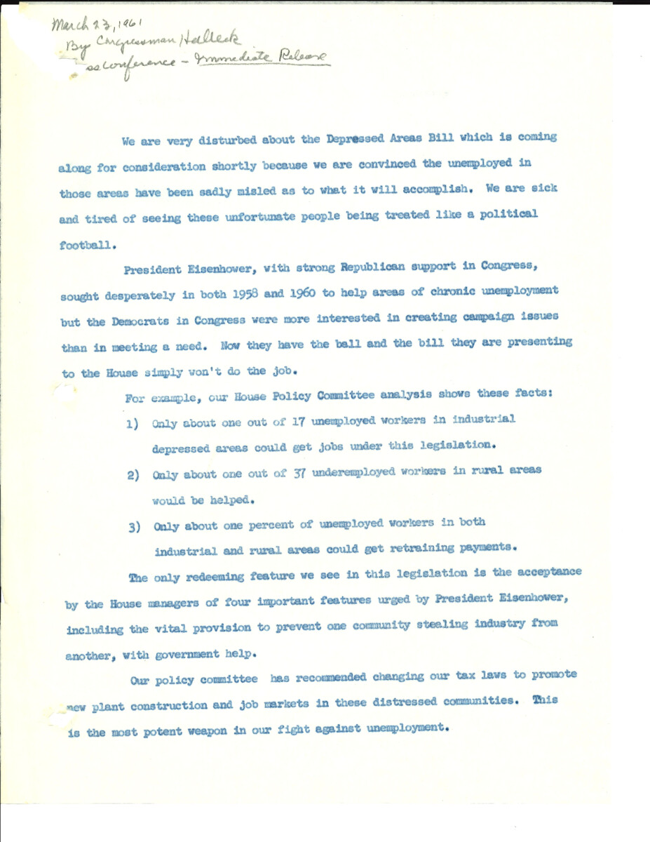 The official statement and press conference covers topics including unemployment, economic development, the minimum wage, Angola policy, Laos policy, foreign aid and the Peace Corps.