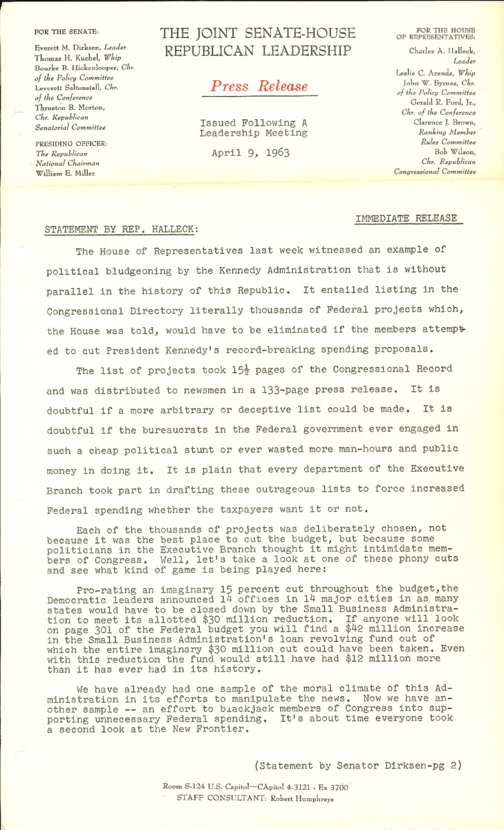 The official statement and press conference covers topics including budget negotiations, mass-transit legislation, spending reduction proposals, public works legislation, Cuba policy, tax legislation