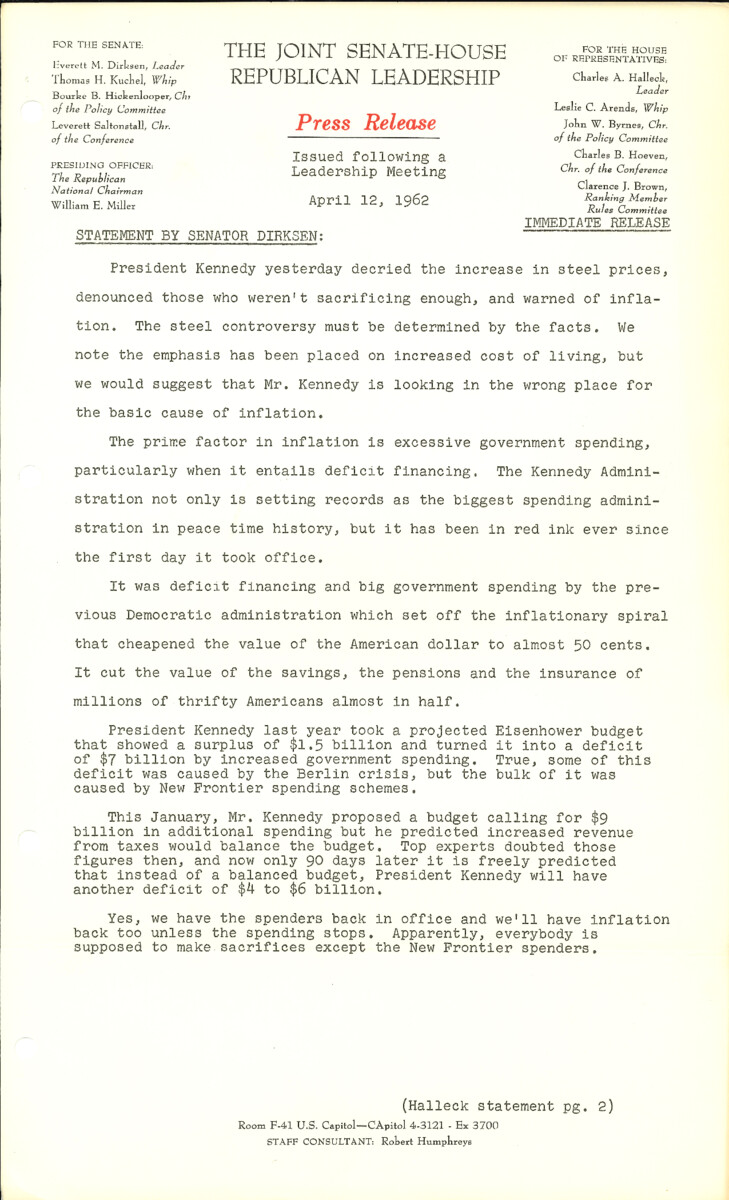 The official statement and press conference covers topics including inflation, steel prices, the literacy-test bill and Sen. Everett Dirksen's 1962 campaign