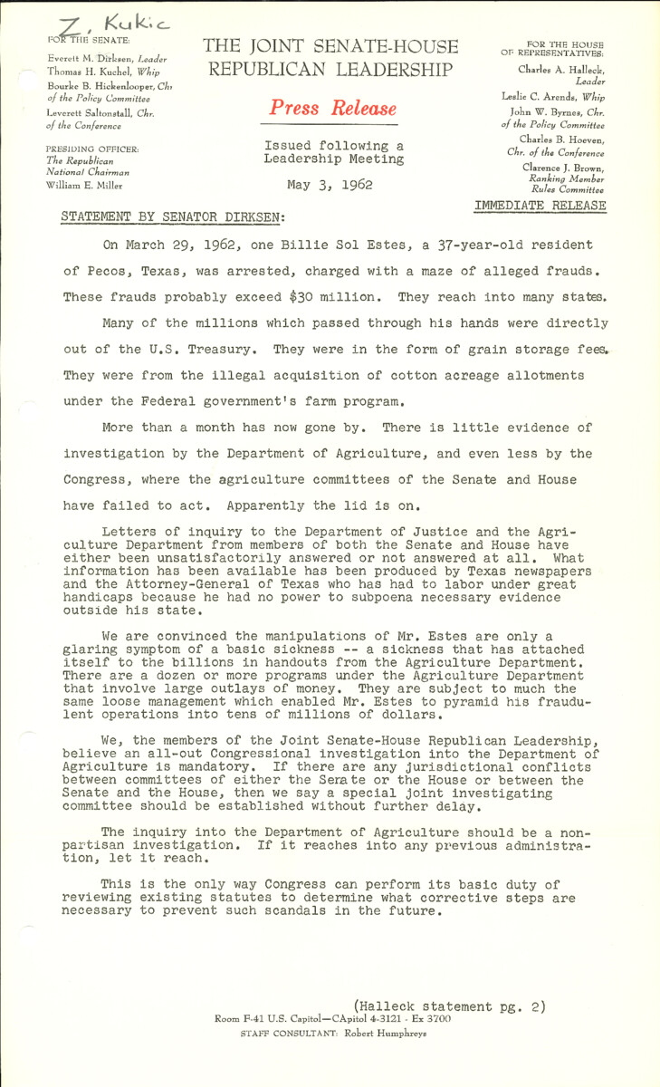 The official statement and press conference covers topics including the Billie Sol Estes scandal, the feed grain program, congressional investigations, the literacy-test bill, and Medicare legislation
