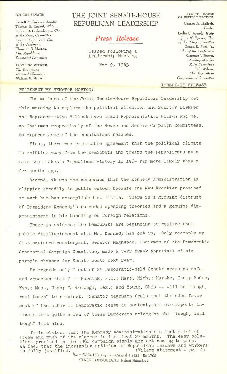 The official statement and press conference covers topics including the 1964 congressional campaign, the 1964 presidential campaign, civil rights legislation