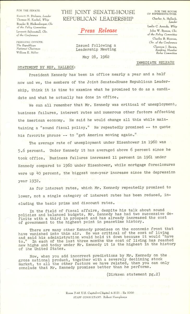 The official statement and press conference covers topics including President Kennedy's 1960 campaign promises, the public works bill, the farm bill, Medicare legislation, the Billie Sol Estes scandal