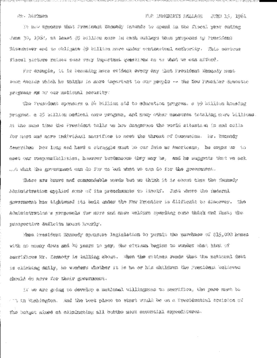 The official statement and press conference covers topics including the budget deficit, federal spending, New Frontier legislation, socialism, the Berlin Crisis, the Vienna Summit, committee assignment for Sen. John Tower, and the Housing Bill.